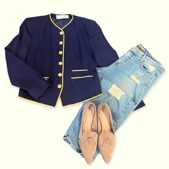 EVAN PICONE Vintage Wool Button Down Band Blazer Navy & Gold Metallic Size 12 - Picture 2 of 8